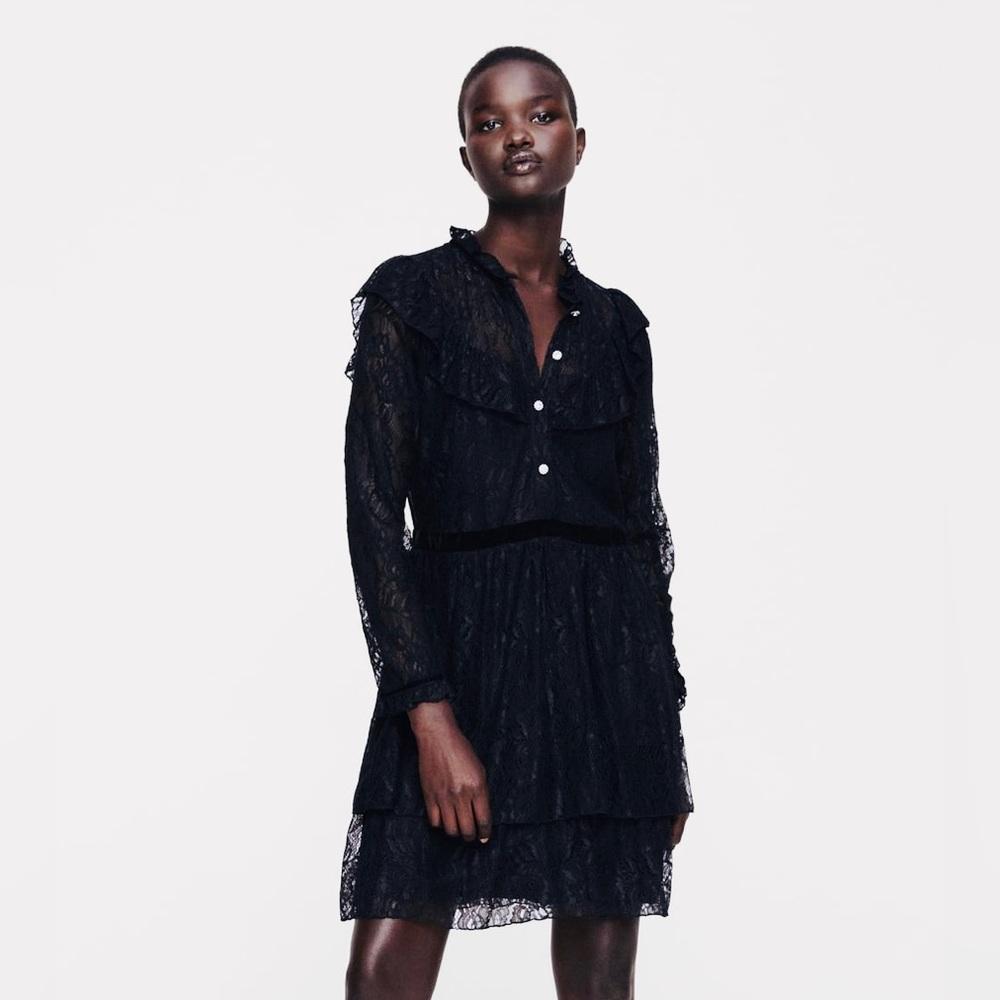 ZARA LACE DRESS WITH JEWEL BUTTON - BLACK / S